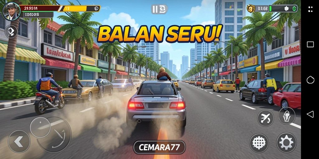 Screenshot utama CEMARA77 menampilkan aksi balapan seru di trek kota.