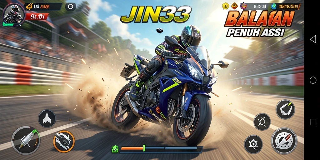 Gameplay seru JIN33 menampilkan balapan motor yang mendebarkan.
