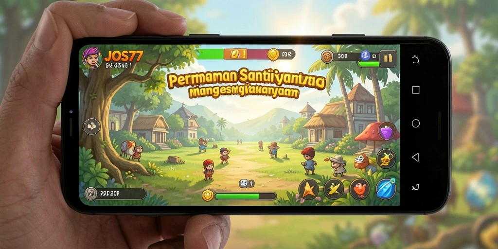 Screenshot menunjukkan gameplay yang ceria dan interaktif dari JOS77.