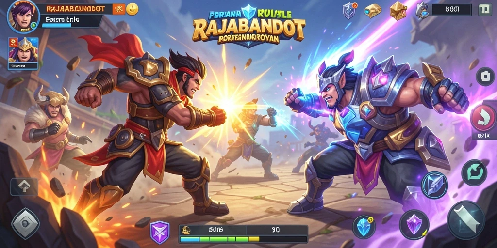 Tampilan utama RAJABANDOT menampilkan pertempuran seru dan mendebarkan dalam lingkungan Battle Royale.